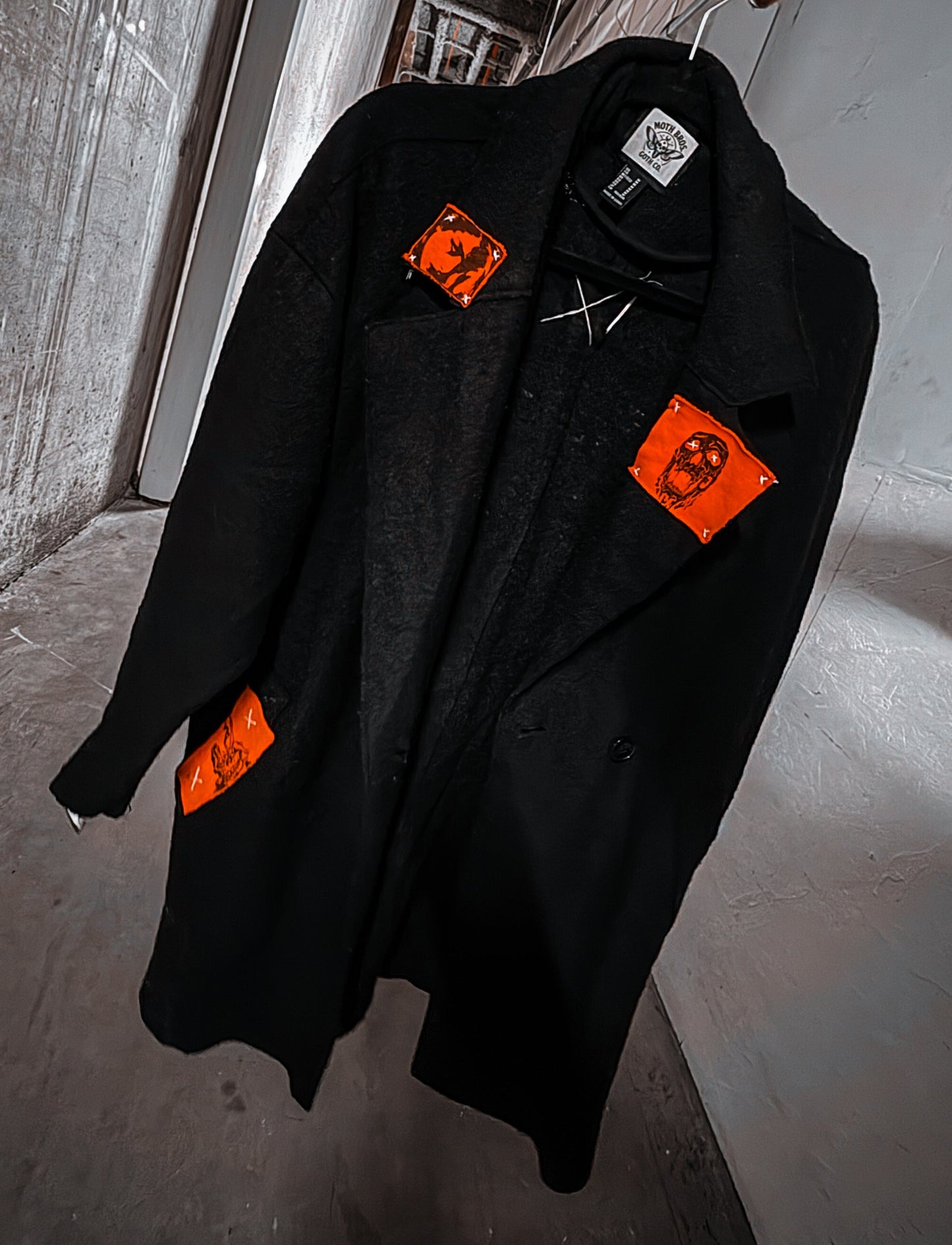 “Gallow Dance” — Black Pea Coat with Horror Patches